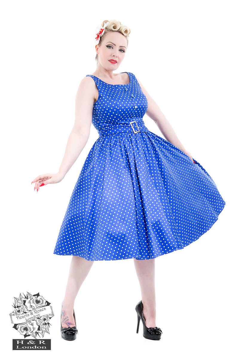 Sleeveless Blue White Polka Dot Dress in Blue/White Hearts & Roses London